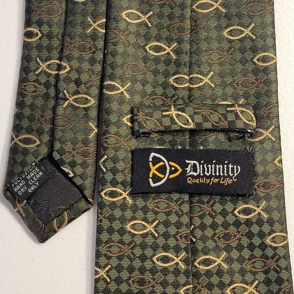 Divinity Series Religious Fish Necktie Tie Olive Green Ichthys Ichthus Hand Made - Picture 3 of 7